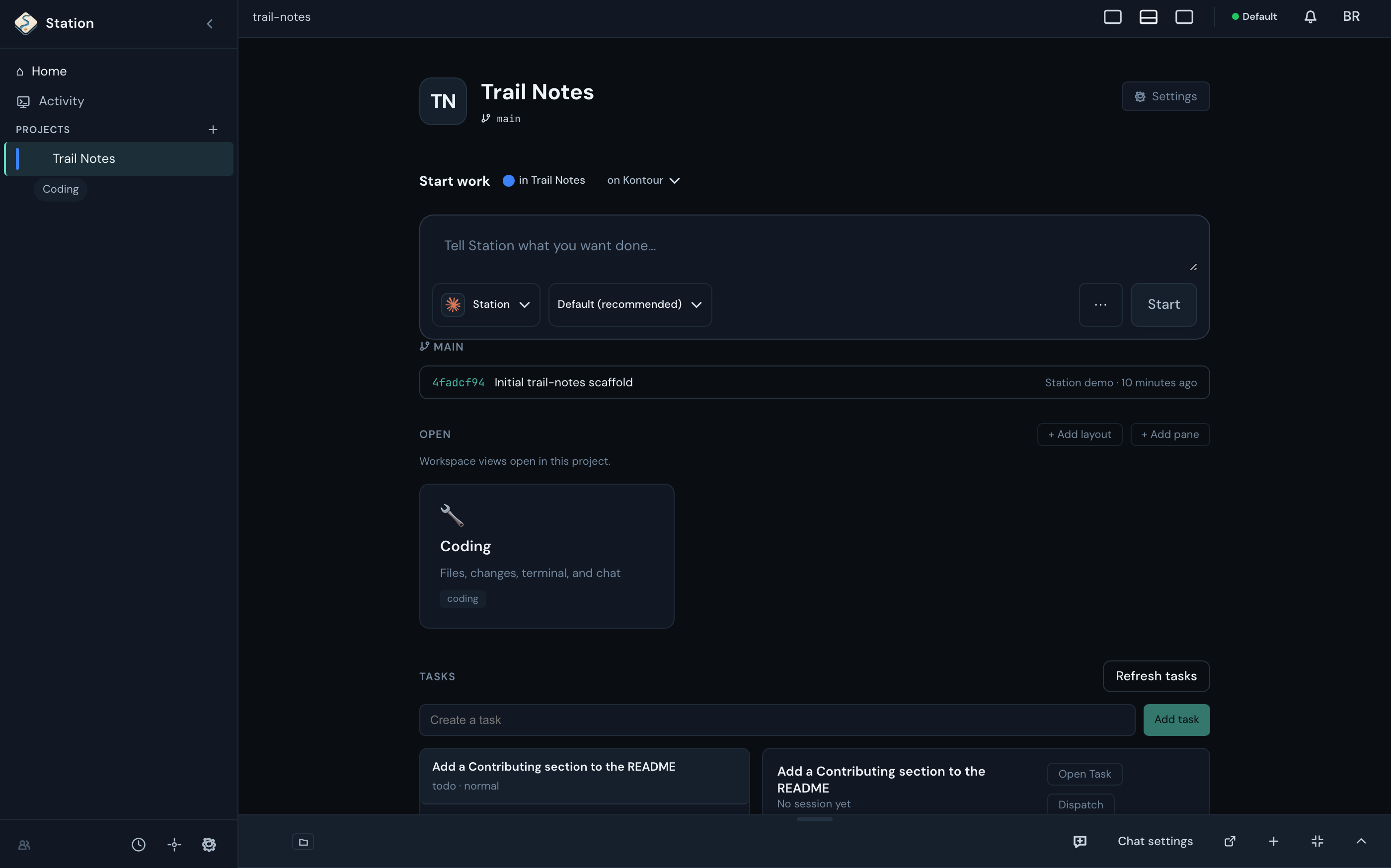 Station project page for a small repository called Trail Notes: its main branch, a Start work box for new requests, the latest commit, the open Coding layout, and the project's Tasks.